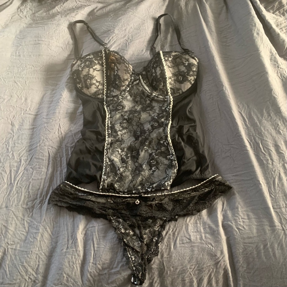 Black Lace Bustier Chemise with Matching Lace Thong